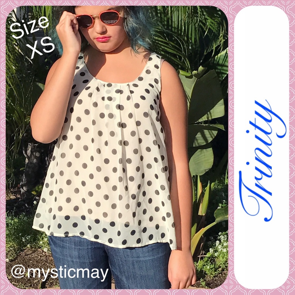 TRINITY Cream w Black Polka Dot Sleeveless Chiffon Top Blouse Size XS or 0/2